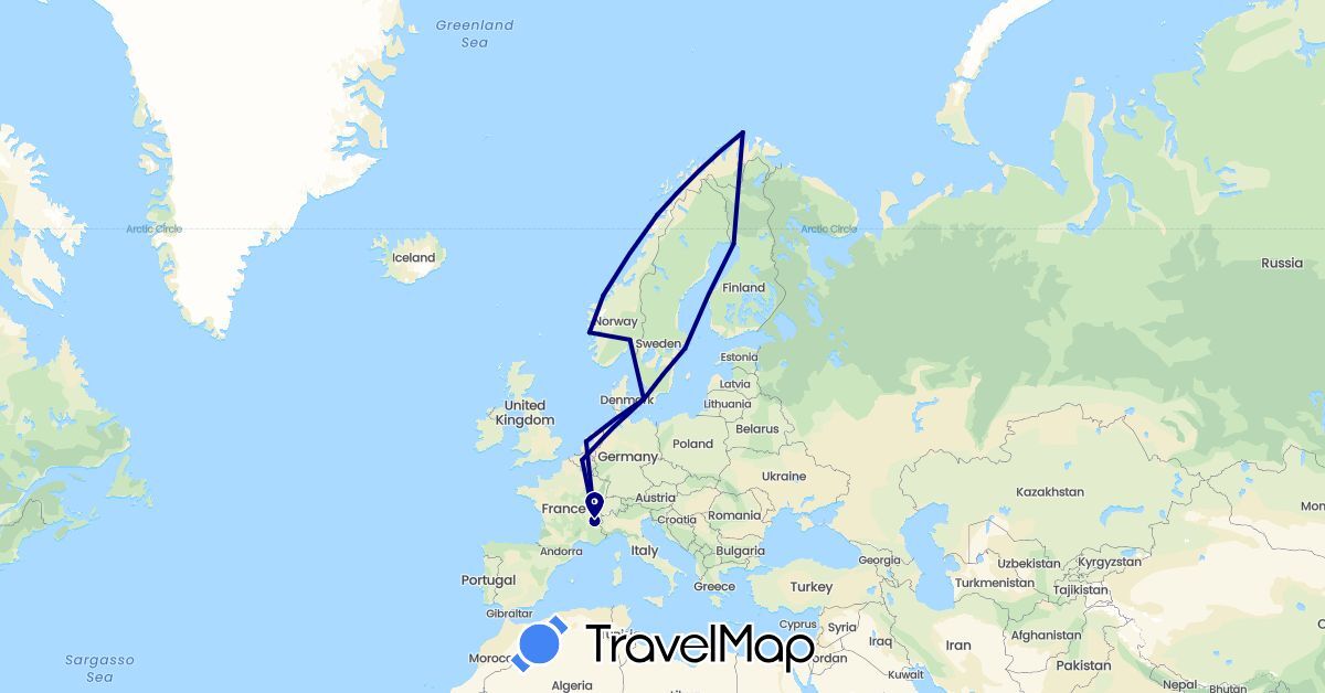 TravelMap itinerary: driving in Belgium, Denmark, Finland, France, Netherlands, Norway, Sweden (Europe)